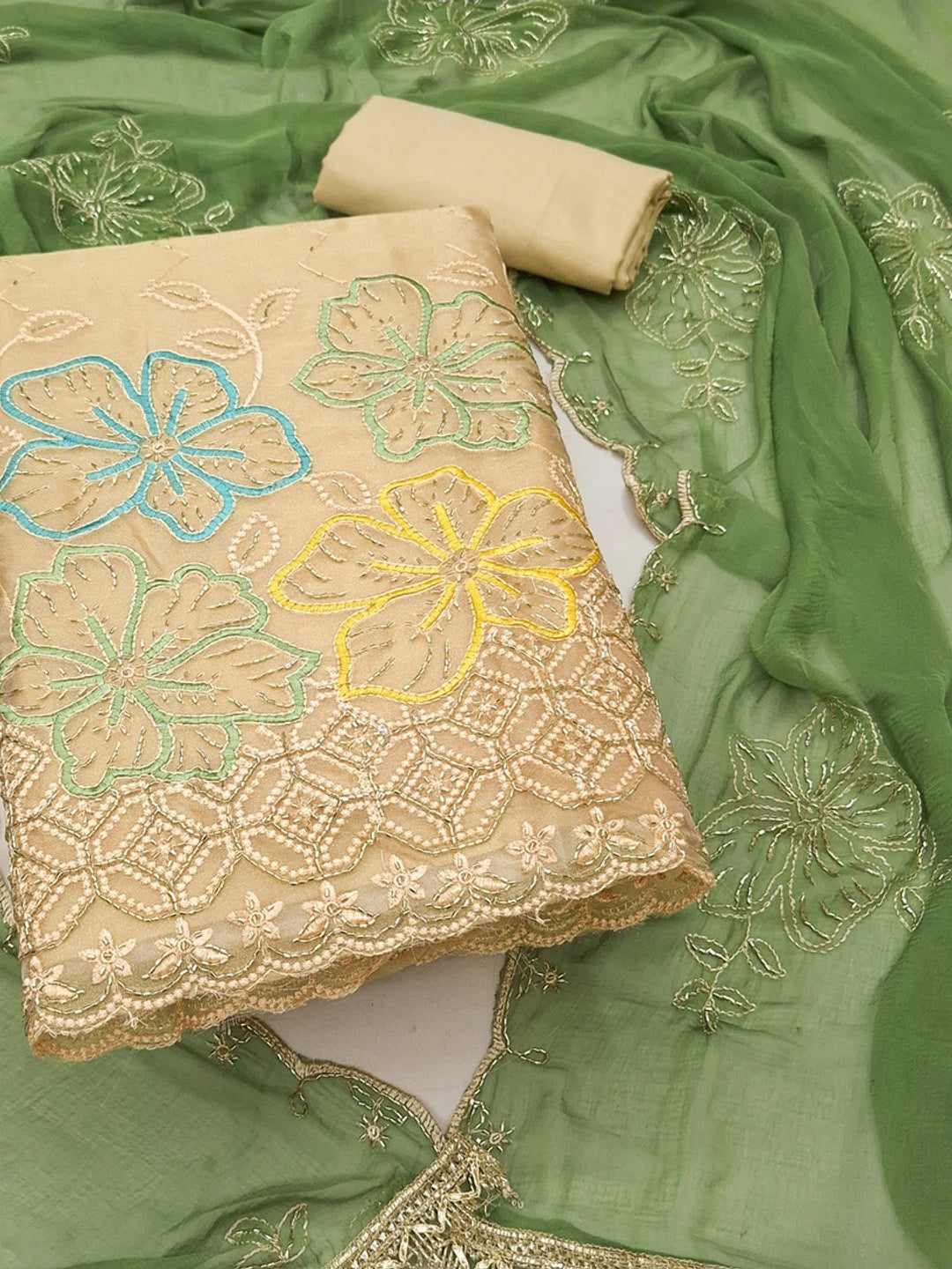 Peachmode Chikoo Green 11718 Unstitched Dress Material - Image 1