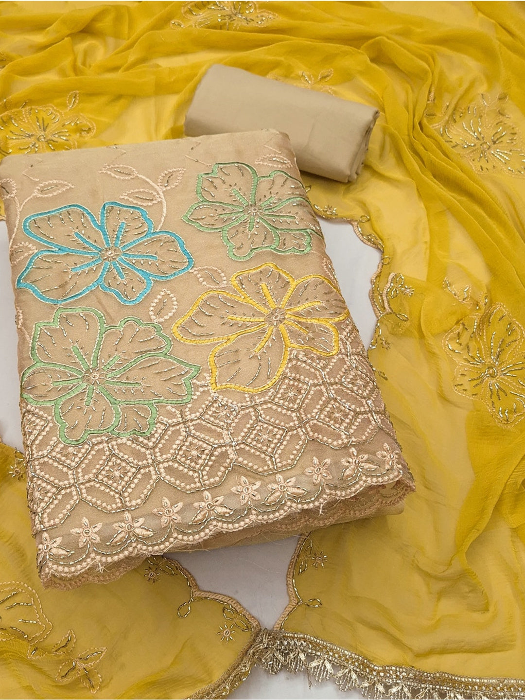 Peachmode Chikoo Yellow 11718 Unstitched Dress Material - Image 1