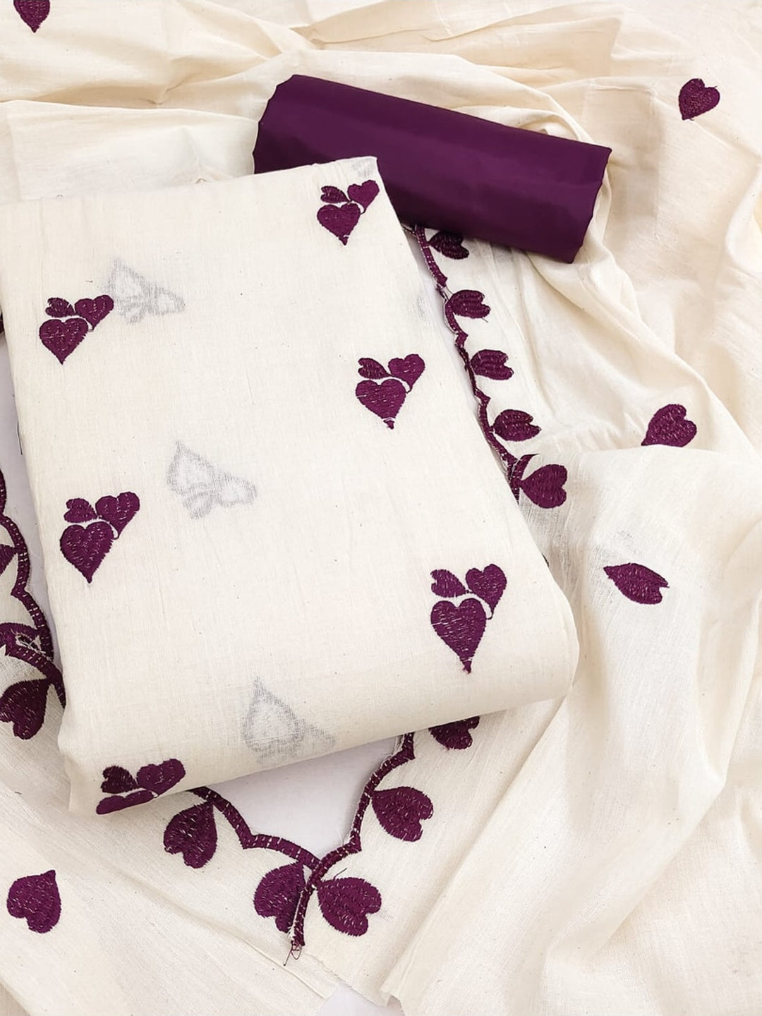 Peachmode Wine Embroidered Cotton Dress Material - Image 1