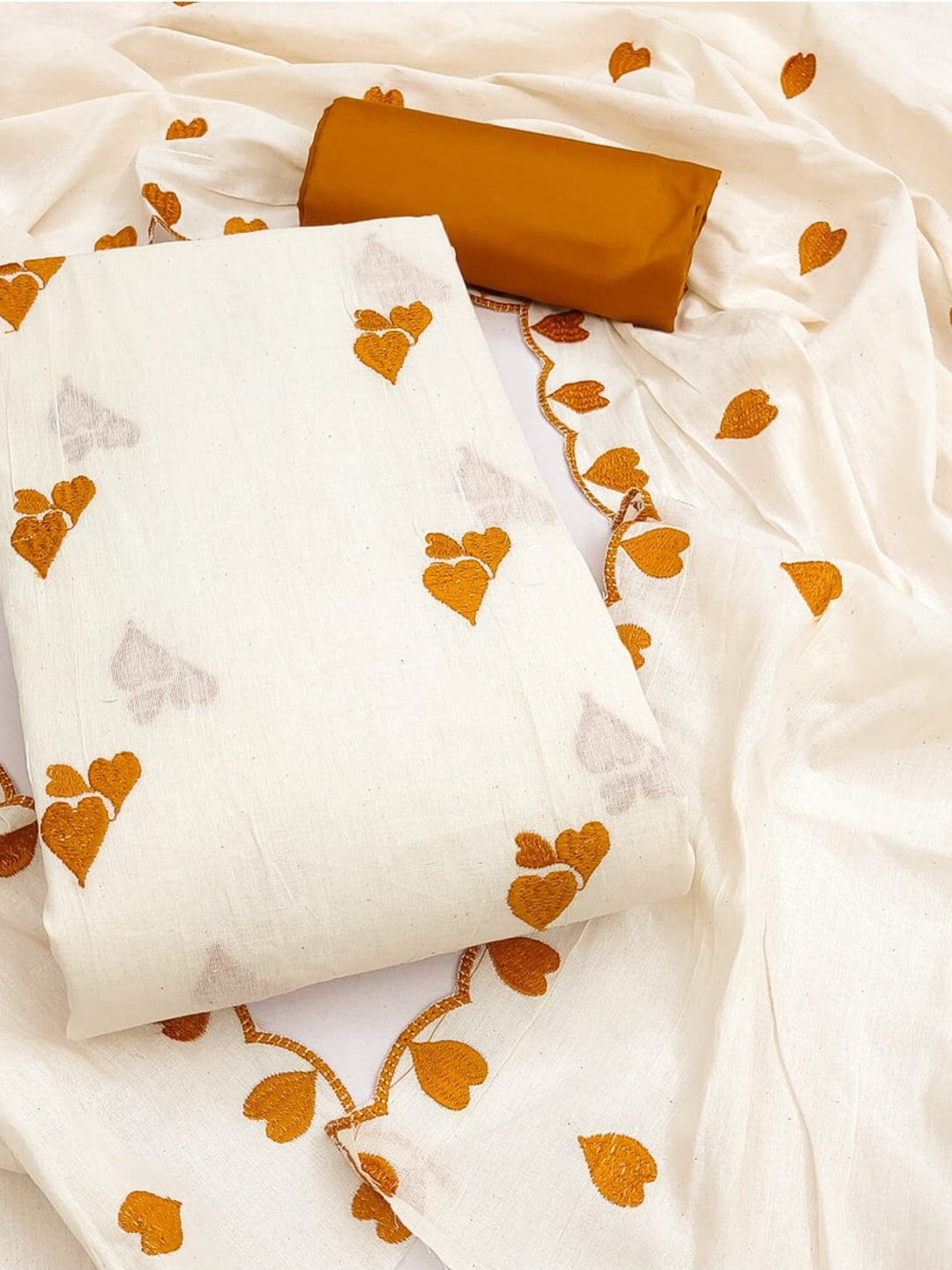 Peachmode Mustard Embroidered Cotton Dress Material - Image 1