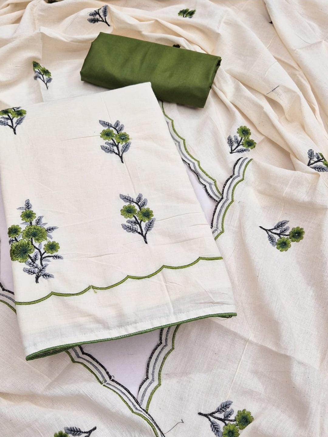 Peachmode Olive Floral Embroidered Cotton Dress Material - Image 1