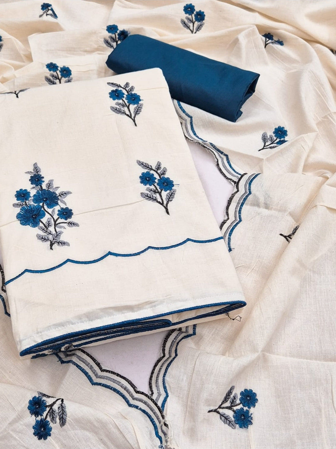 Peachmode Teal Floral Embroidered Cotton Dress Material - Image 1