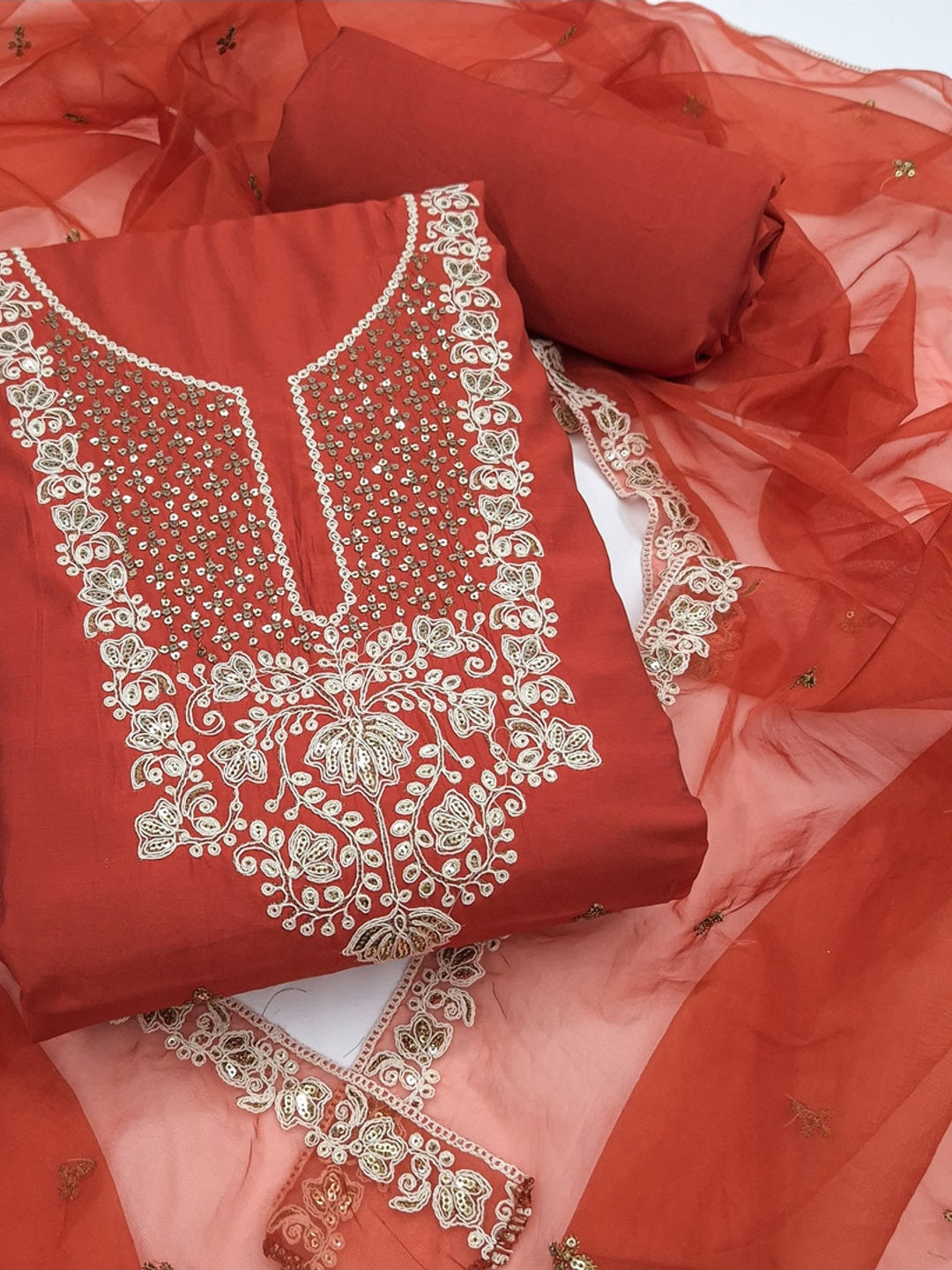 Peachmode Rust Floral Embroidered Roman Silk Dress Material - Image 1