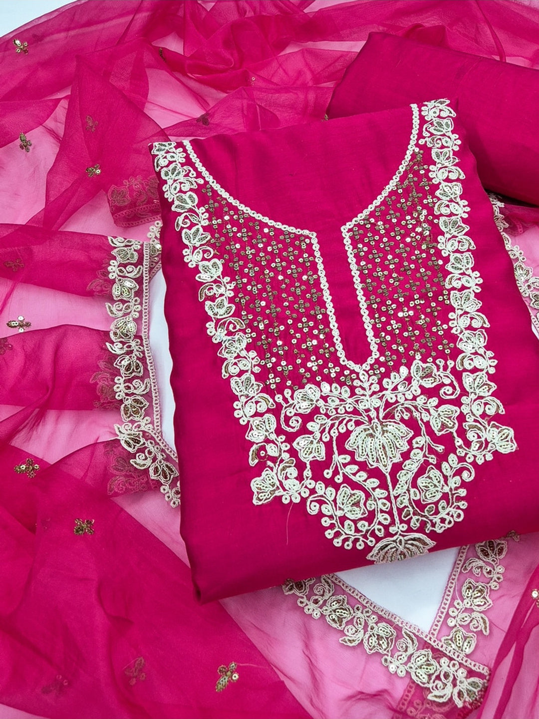 Peachmode Pink Floral Embroidered Roman Silk Dress Material - Image 1