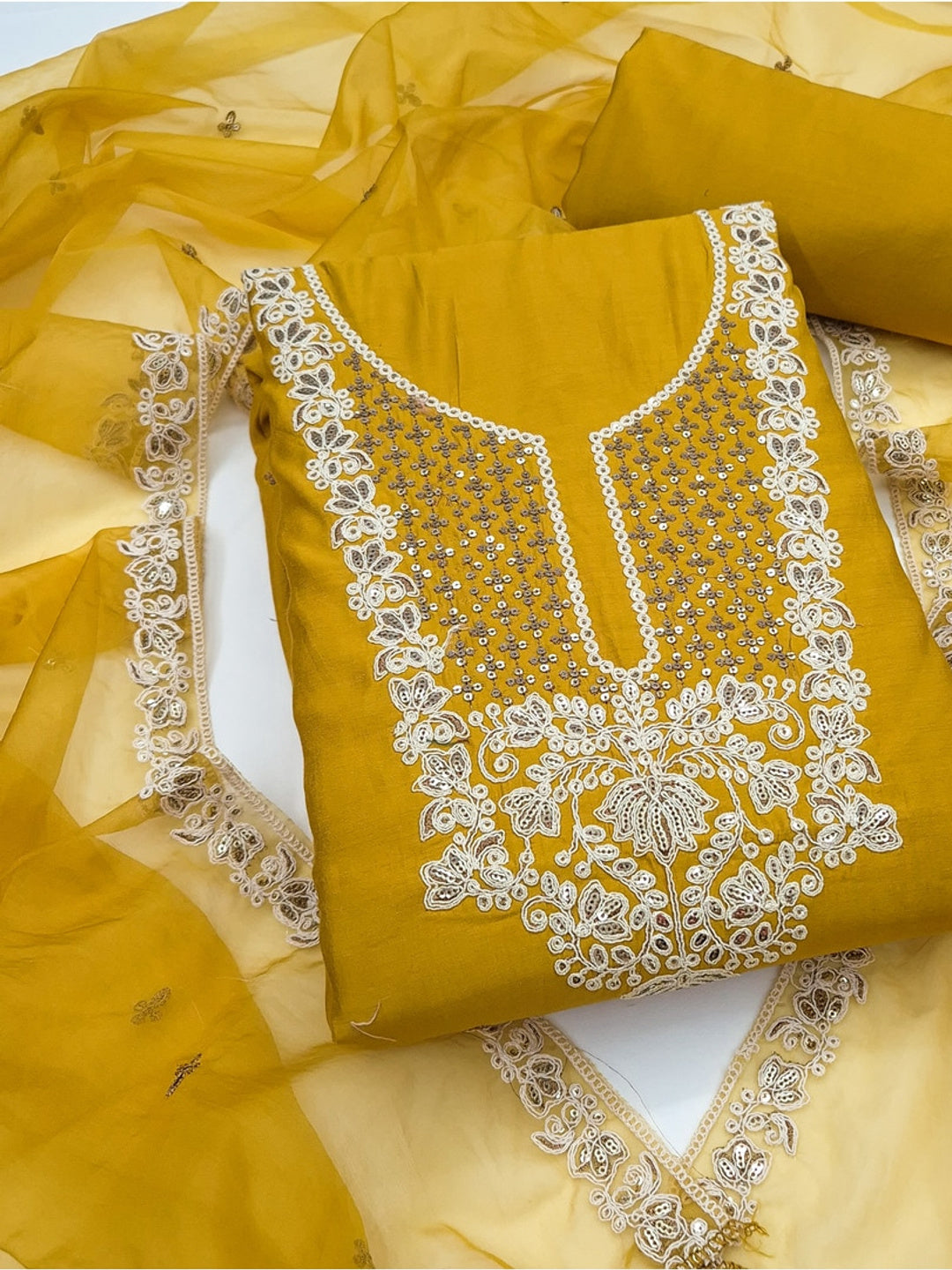 Peachmode Mustard Floral Embroidered Roman Silk Dress Material - Image 1