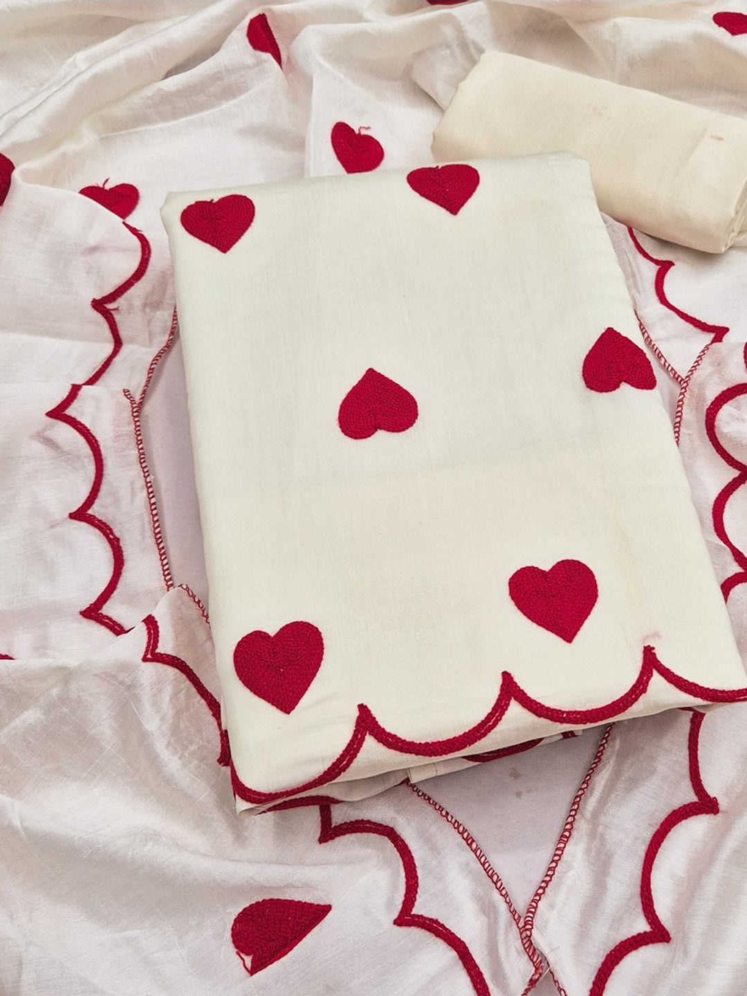 Peachmode Cream Heart Embroidered Roman Silk Dress Material - Image 1