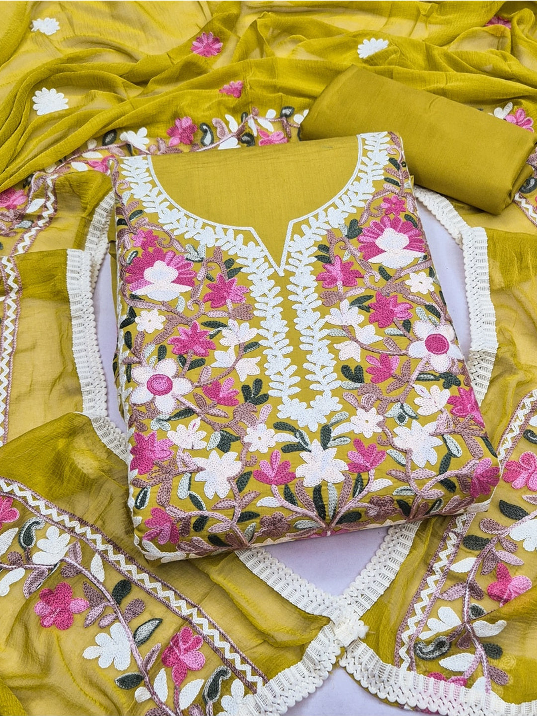 Peachmode Mustard Floral Embroidered Roman Silk Dress Material - Image 1