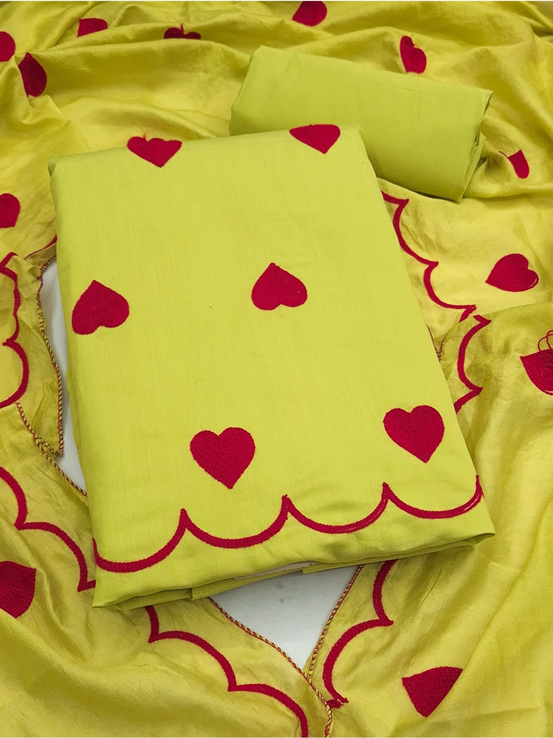 Peachmode Lime Green Heart Embroidered Roman Silk Dress Material - Image 1