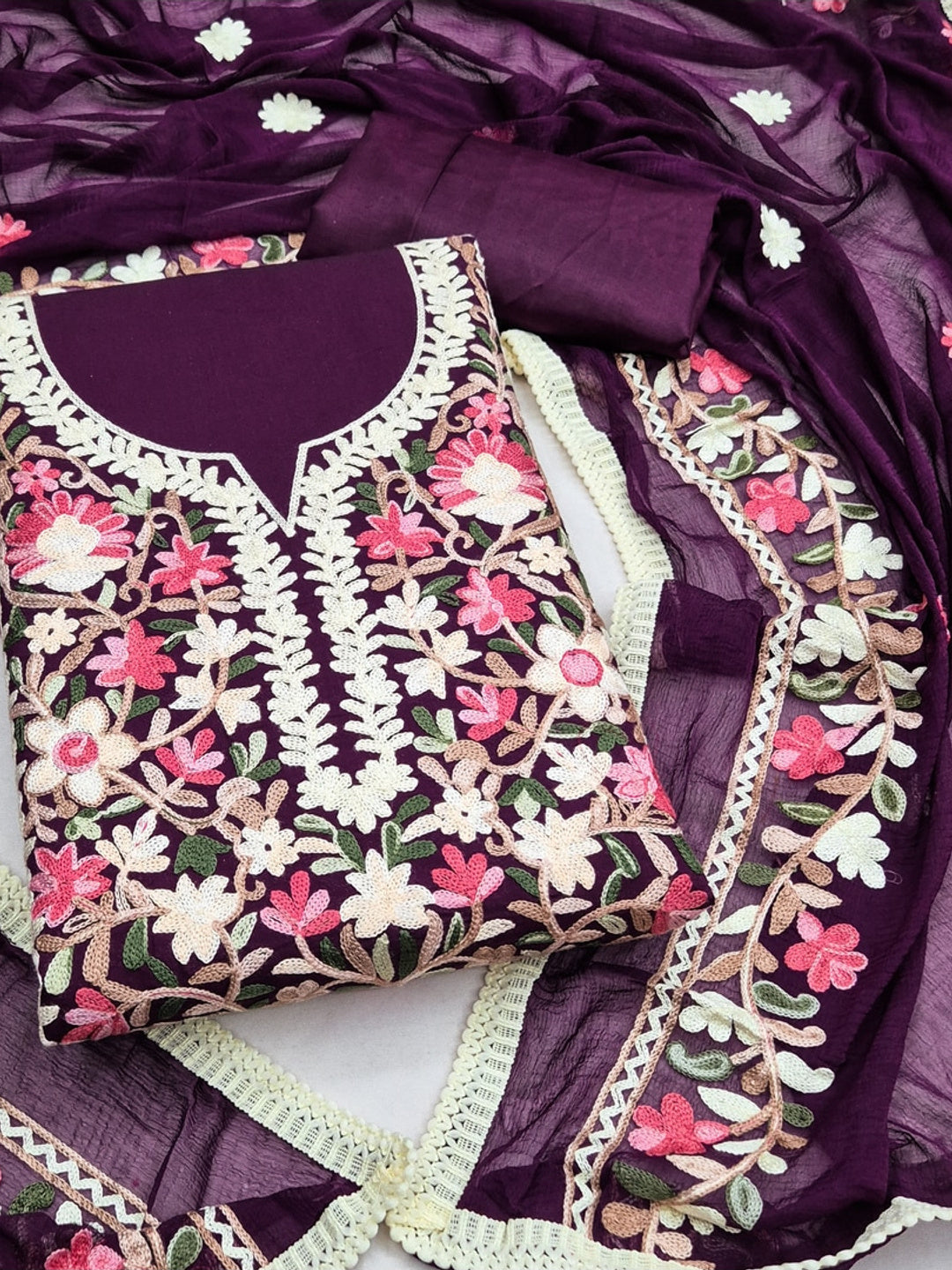 Peachmode Purple Floral Embroidered Roman Silk Dress Material - Image 1