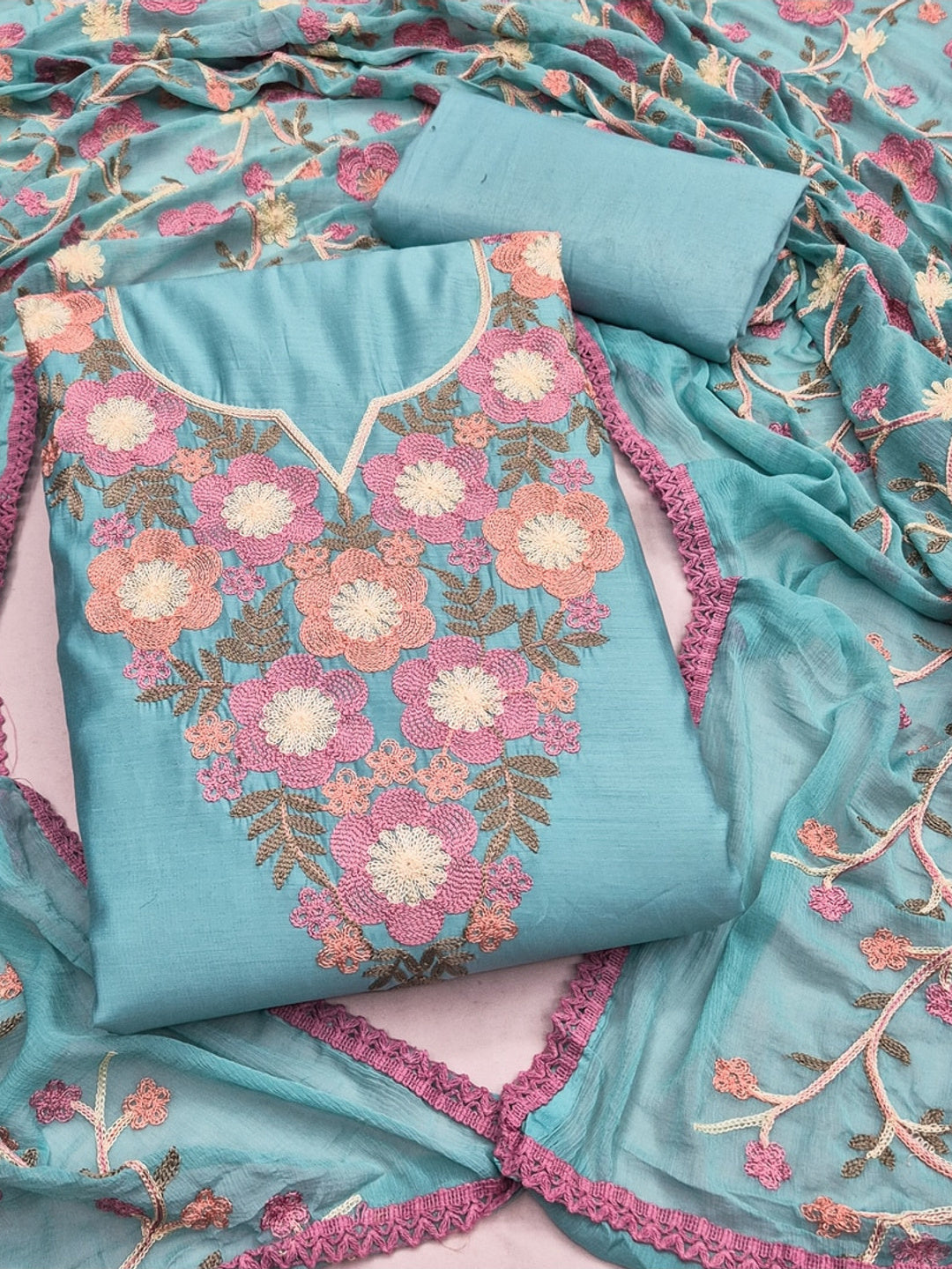 Peachmode Blue Floral Embroidered Roman Silk Dress Material - Image 1