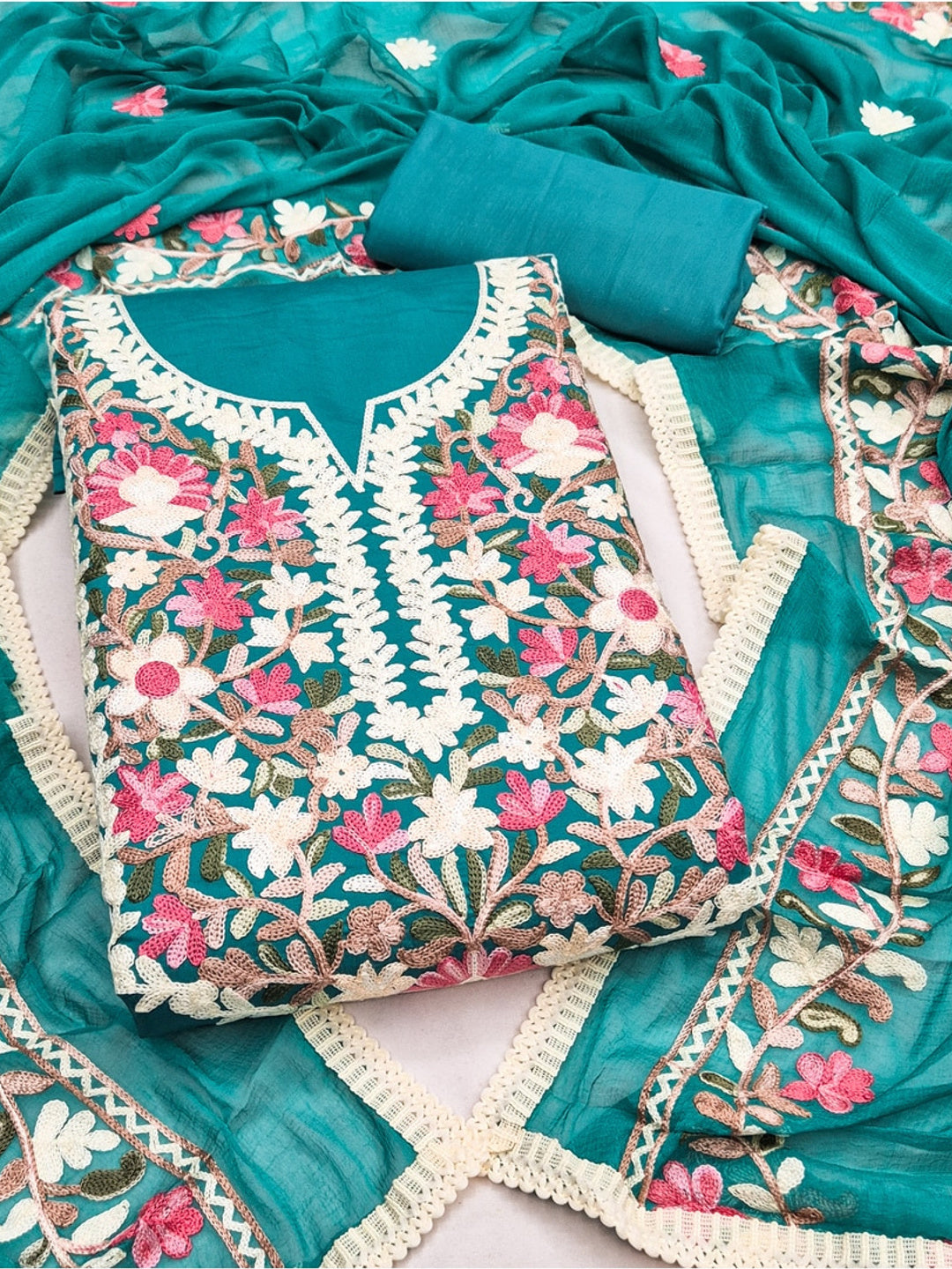 Peachmode Teal Floral Embroidered Roman Silk Dress Material - Image 1