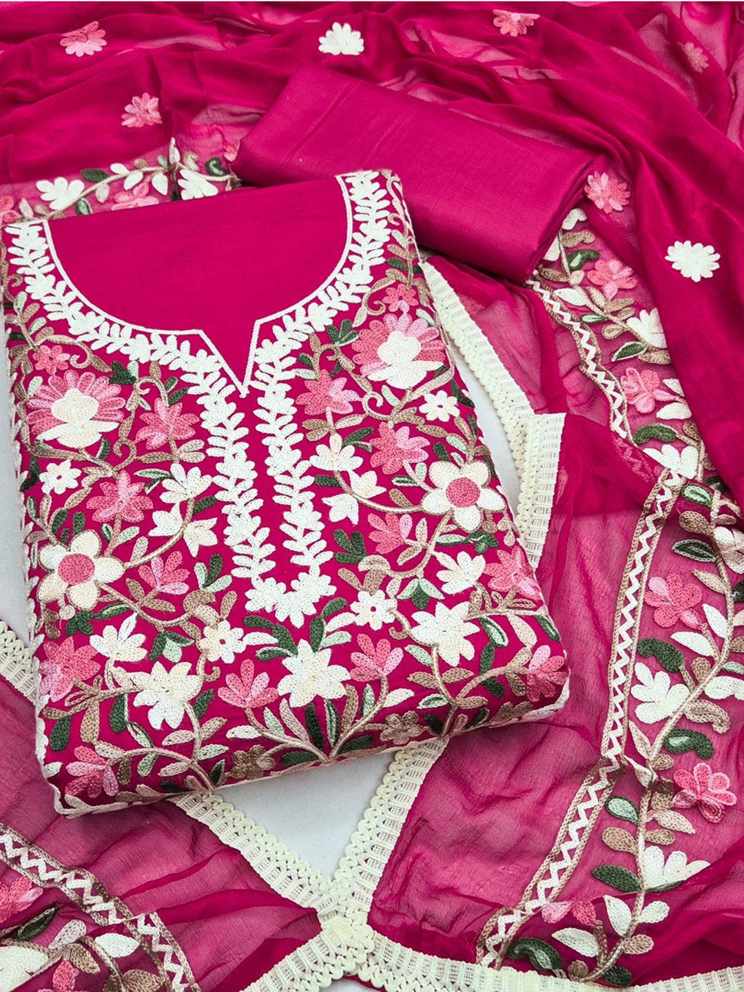 Peachmode Rani Pink Floral Embroidered Roman Silk Dress Material - Image 1