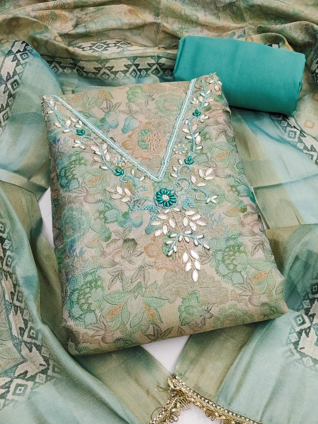 Peachmode Turquoise Unstitched Dress Material - Image 1