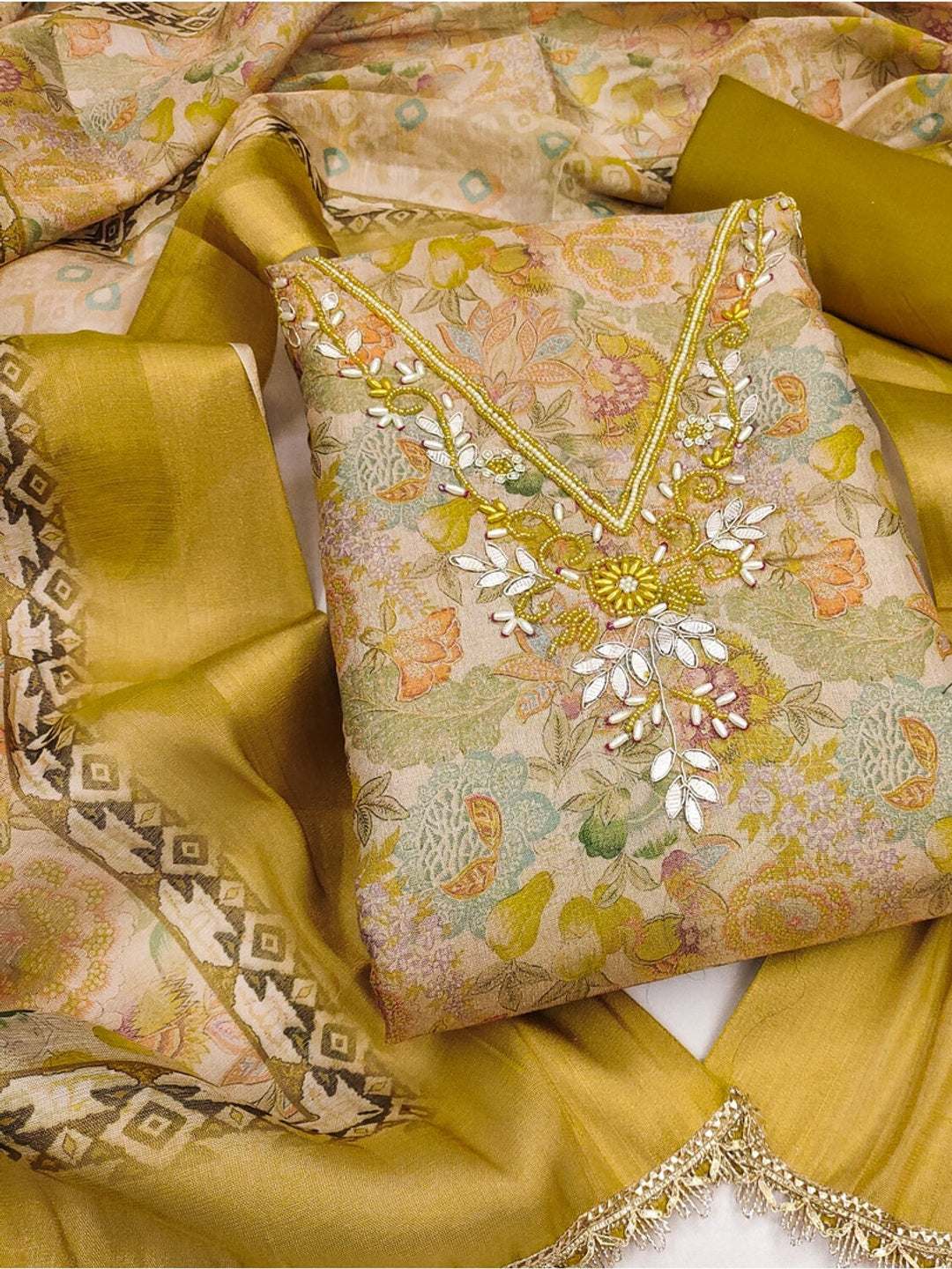 Peachmode Mustard Unstitched Dress Material - Image 1