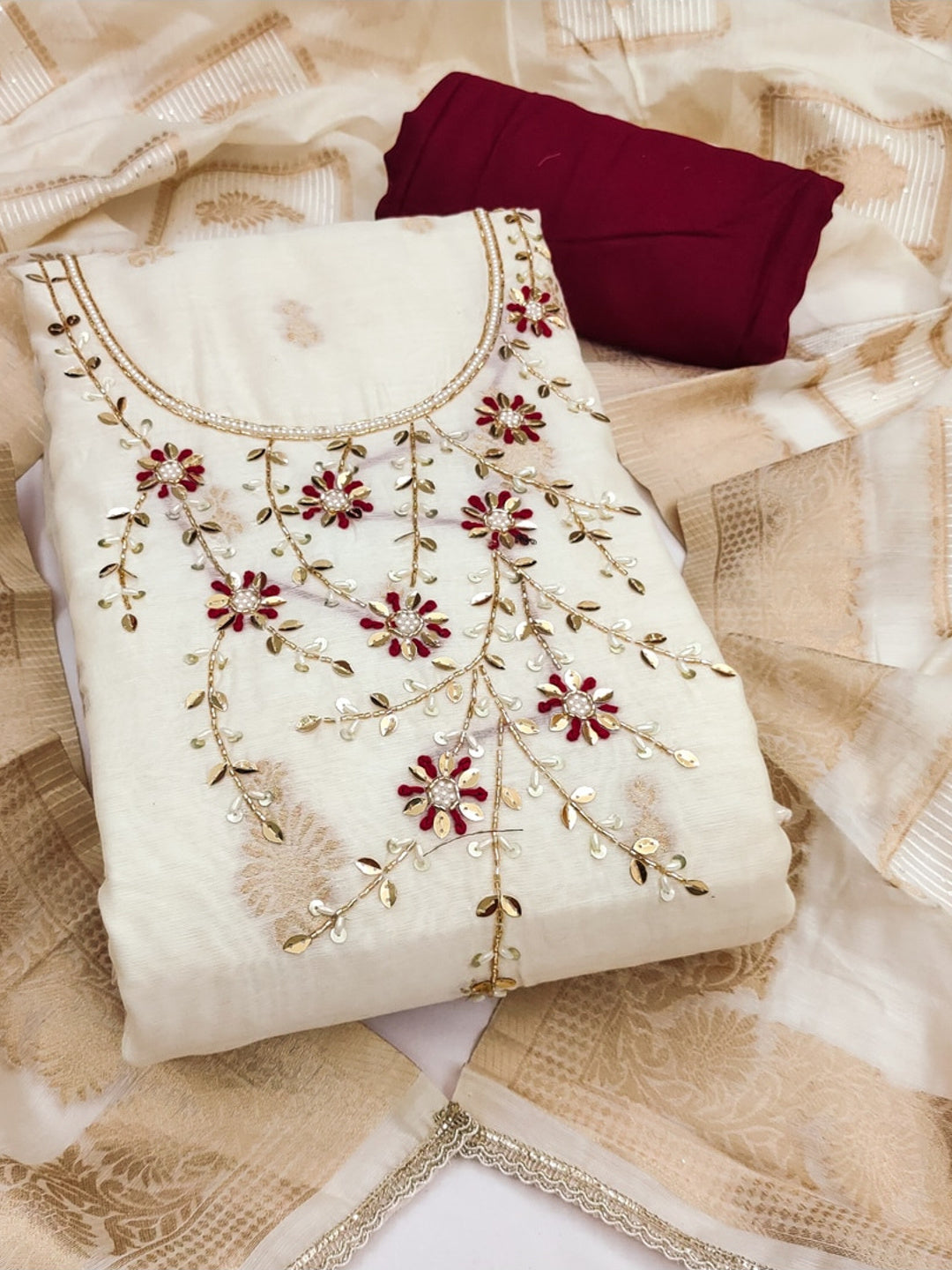 Peachmode Cream Gajri Unstitched Dress Material - Image 1