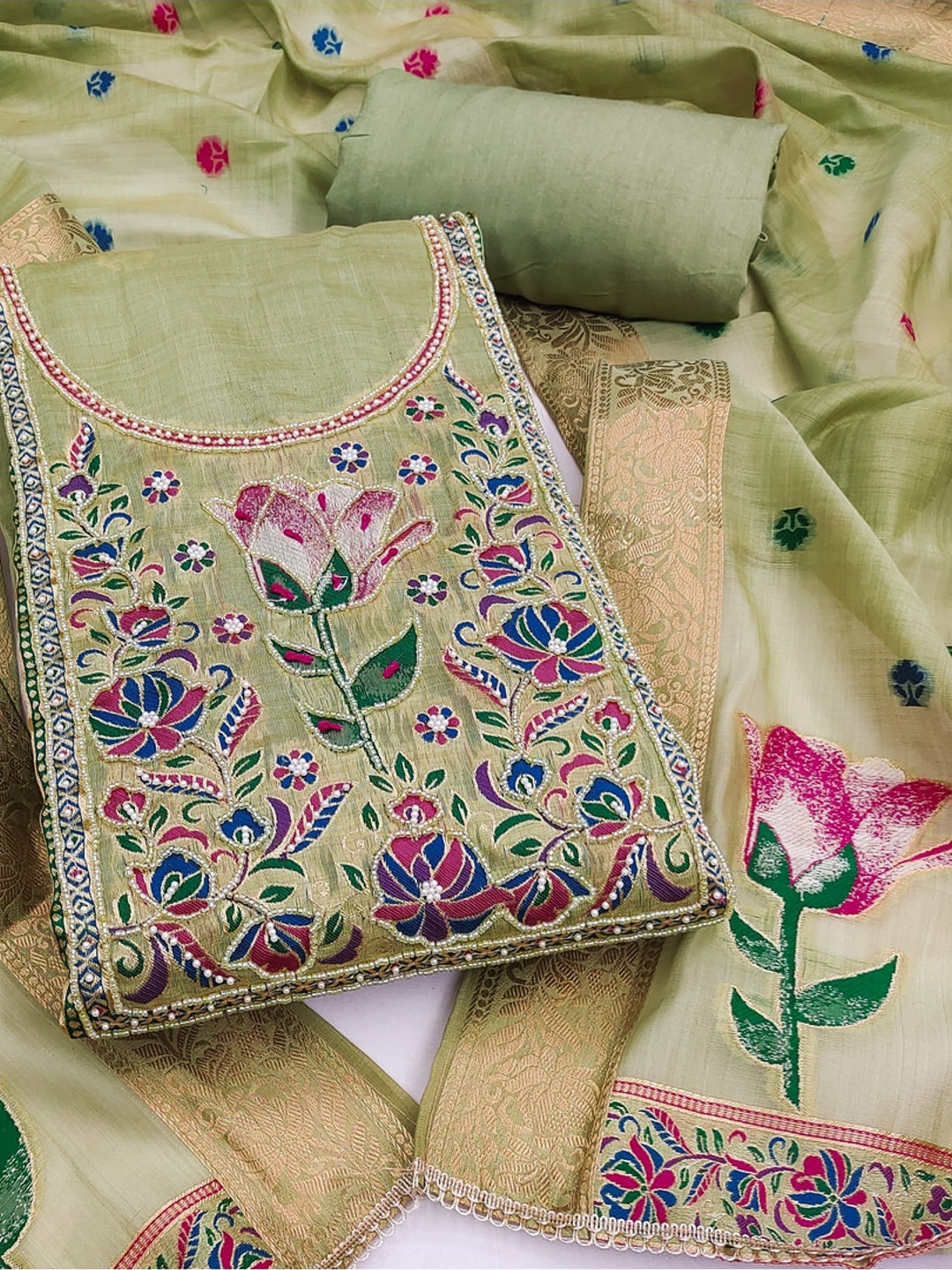 Peachmode Green Unstitched Dress Material - Image 1