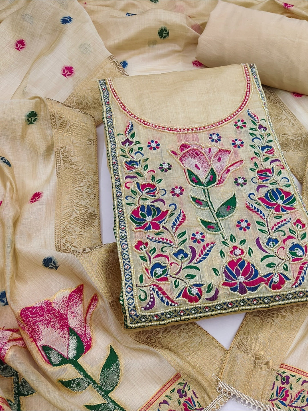Peachmode Chikoo Unstitched Dress Material - Image 1