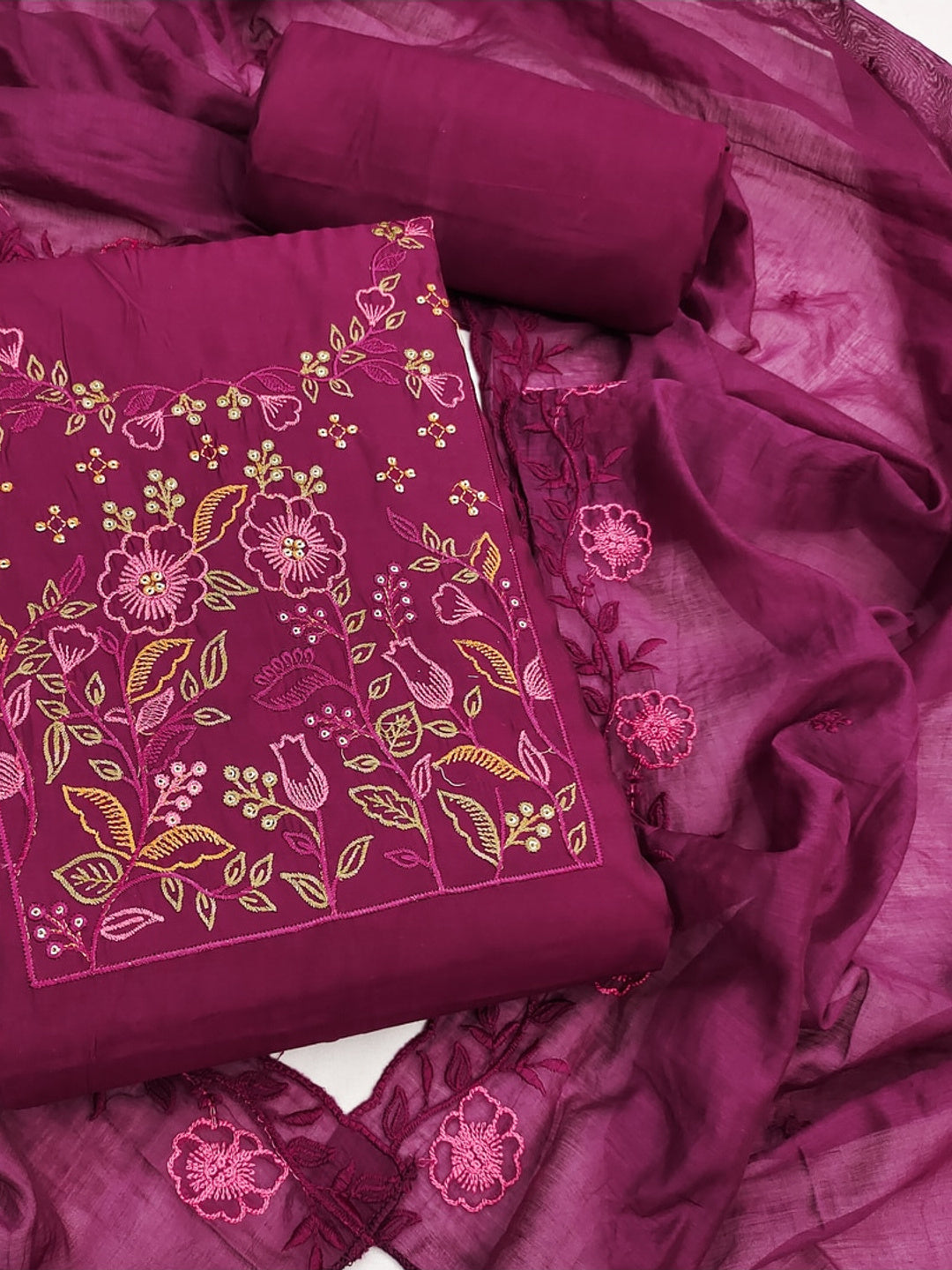 Peachmode Magenta Embroidered Roman Silk Dress Material - Image 1