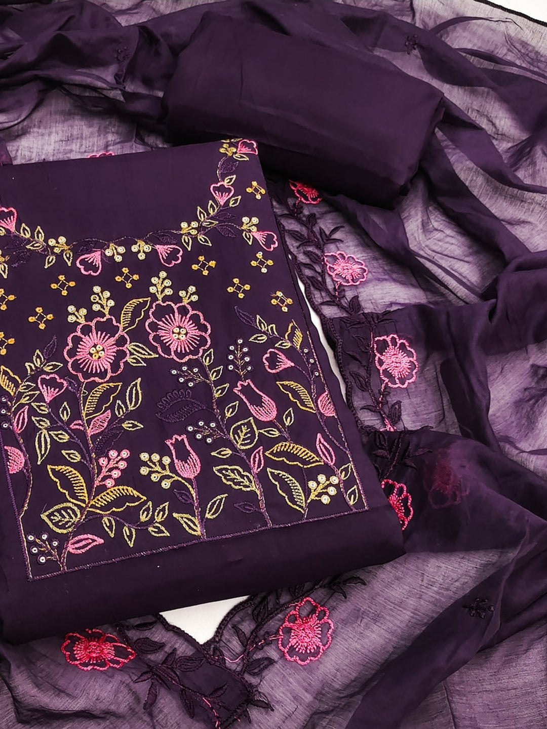 Peachmode Deep Purple Embroidered Roman Silk Dress Material - Image 1