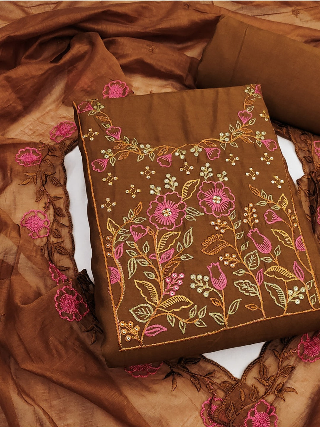 Peachmode Brown Embroidered Roman Silk Dress Material - Image 1