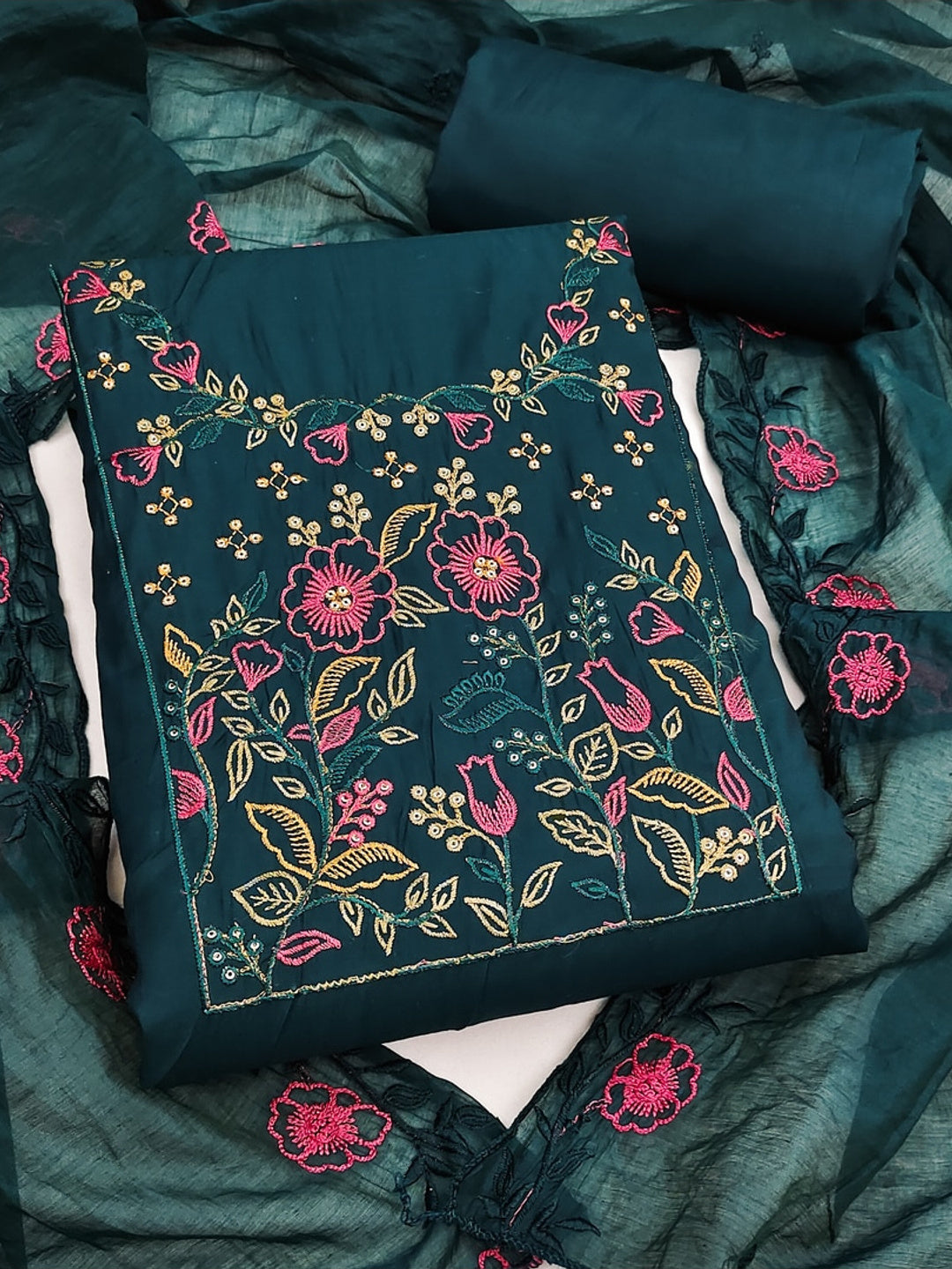 Peachmode Teal Embroidered Roman Silk Dress Material - Image 1