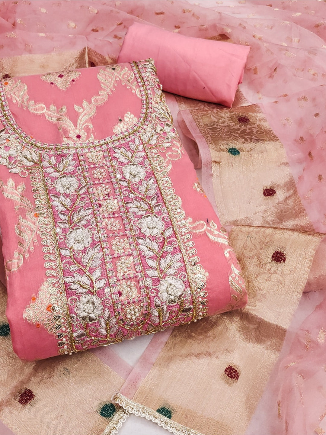 Peachmode Banarasi Cotton Light Pink Unstitched Dress Material - Image 1