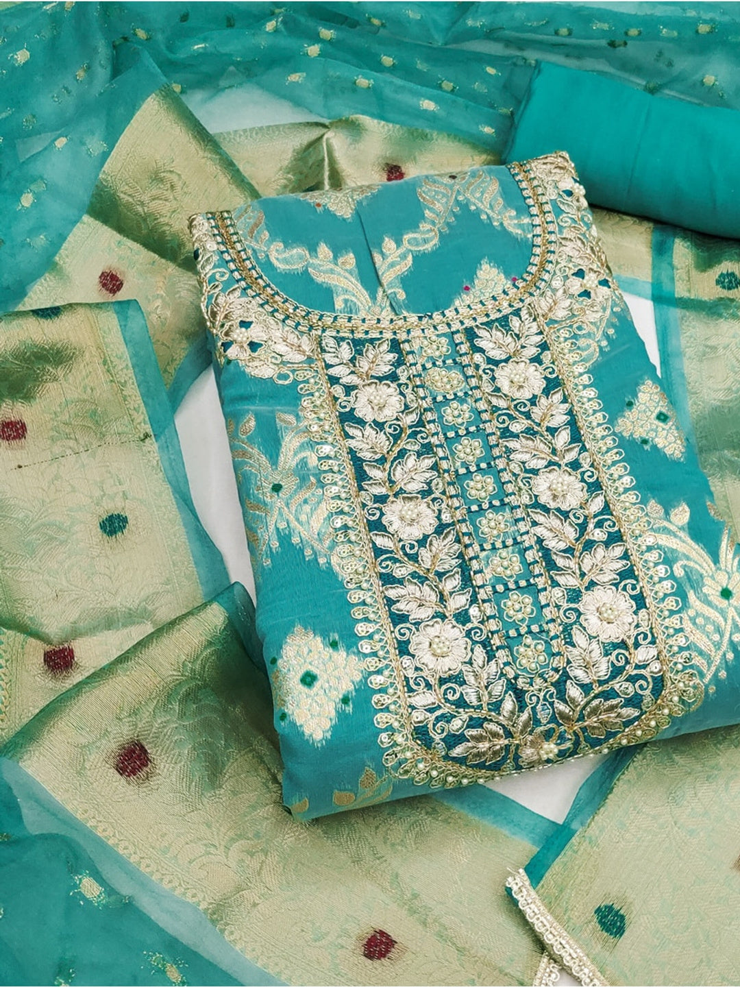 Peachmode Banarasi Turquoise Unstitched Dress Material - Image 1