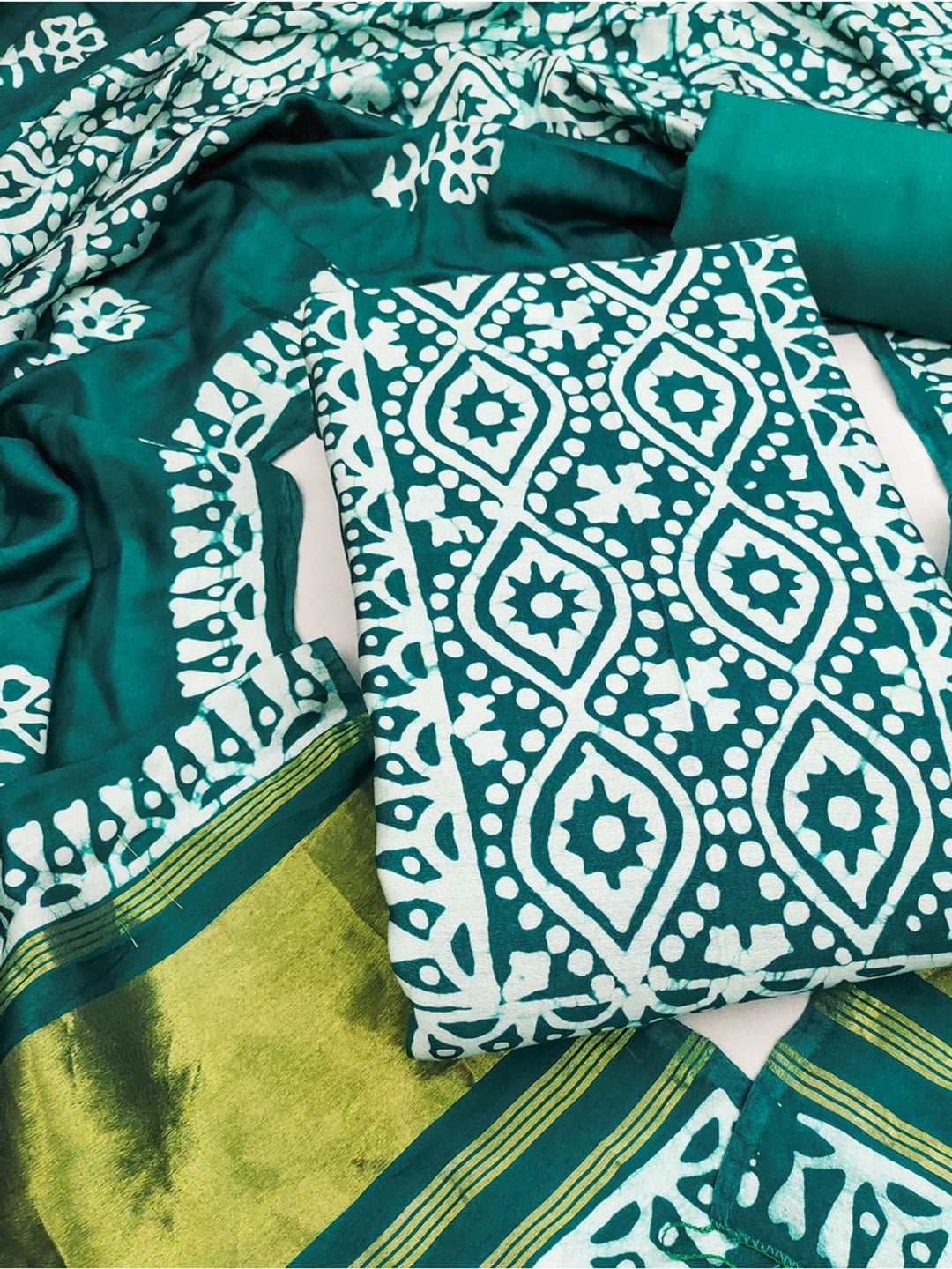 Peachmode Banarasi Cotton Rama Green Unstitched Dress Material - Image 1