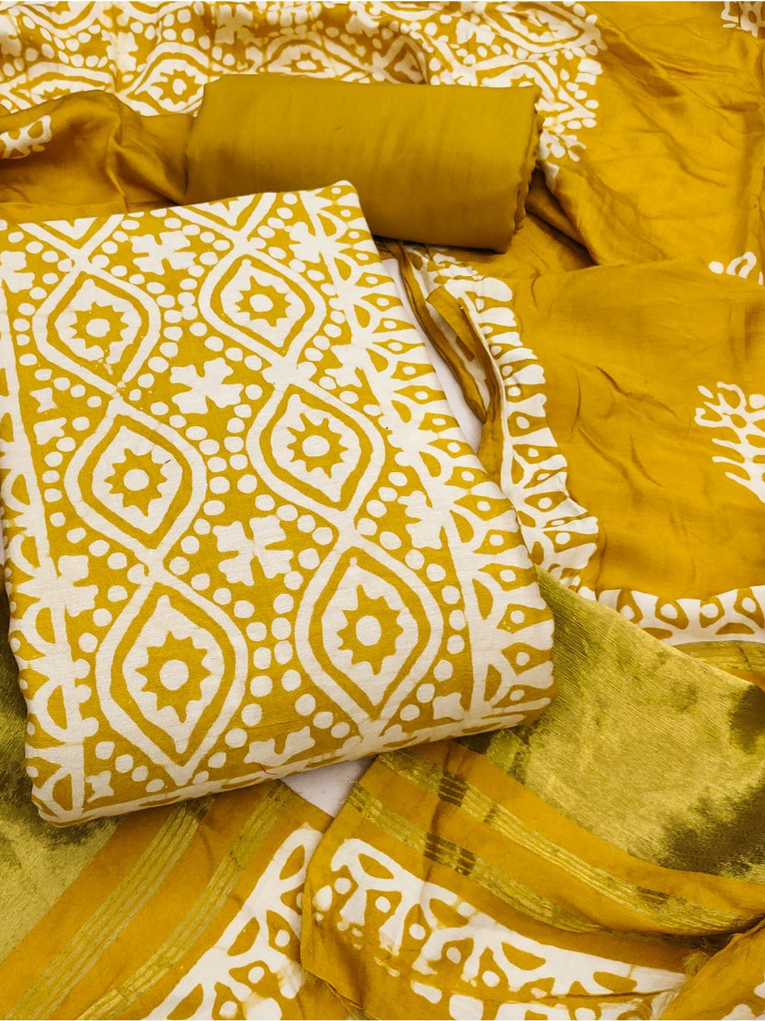 Peachmode Banarasi Cotton Mustard Unstitched Dress Material - Image 1