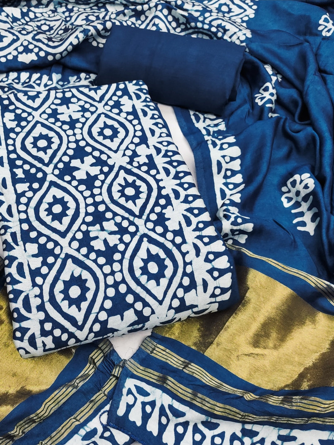 Peachmode Banarasi Cotton Navy Blue Unstitched Dress Material - Image 1