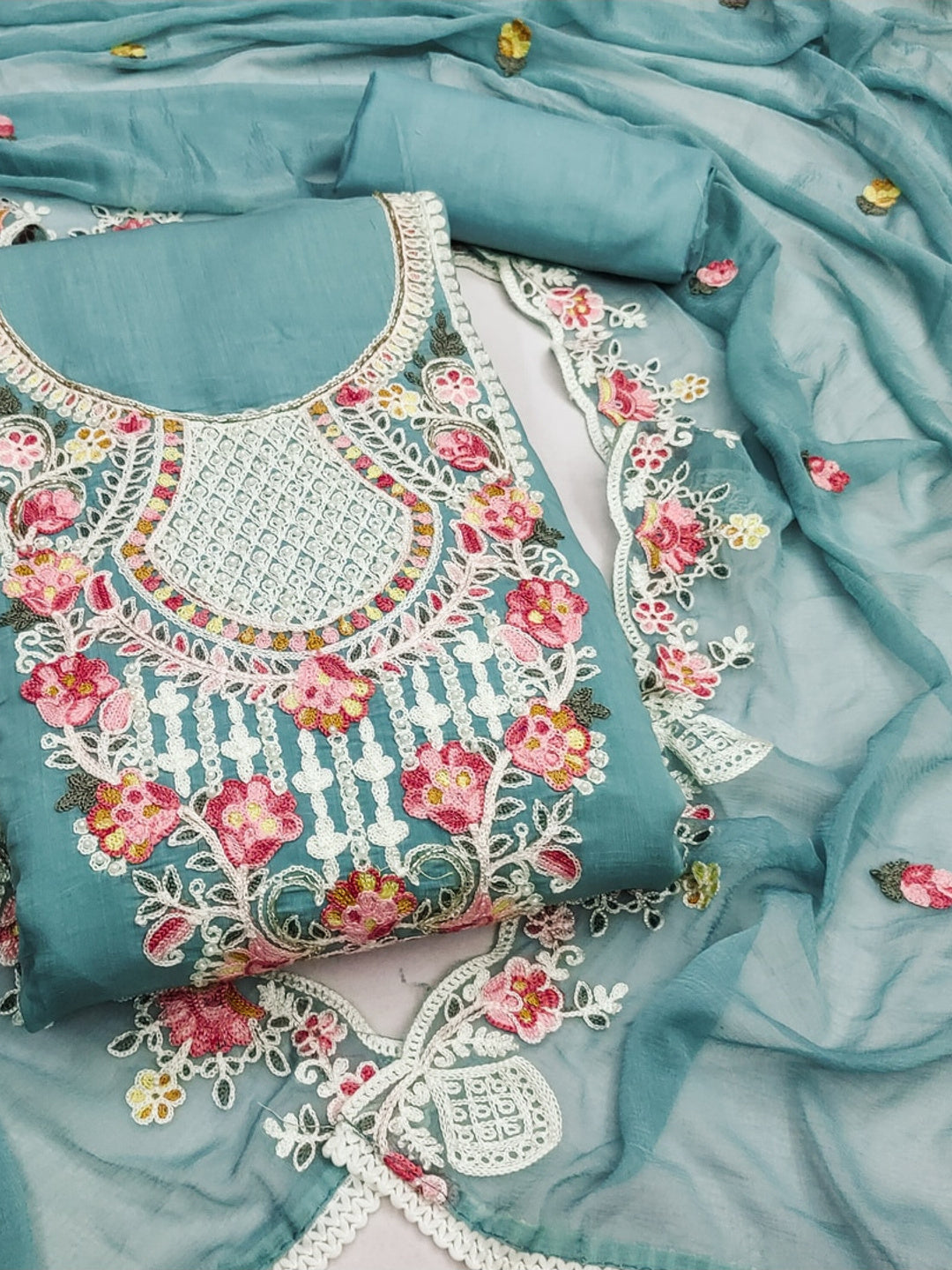 Peachmode Cotton Silk Blue Unstitched Dress Material - Image 1