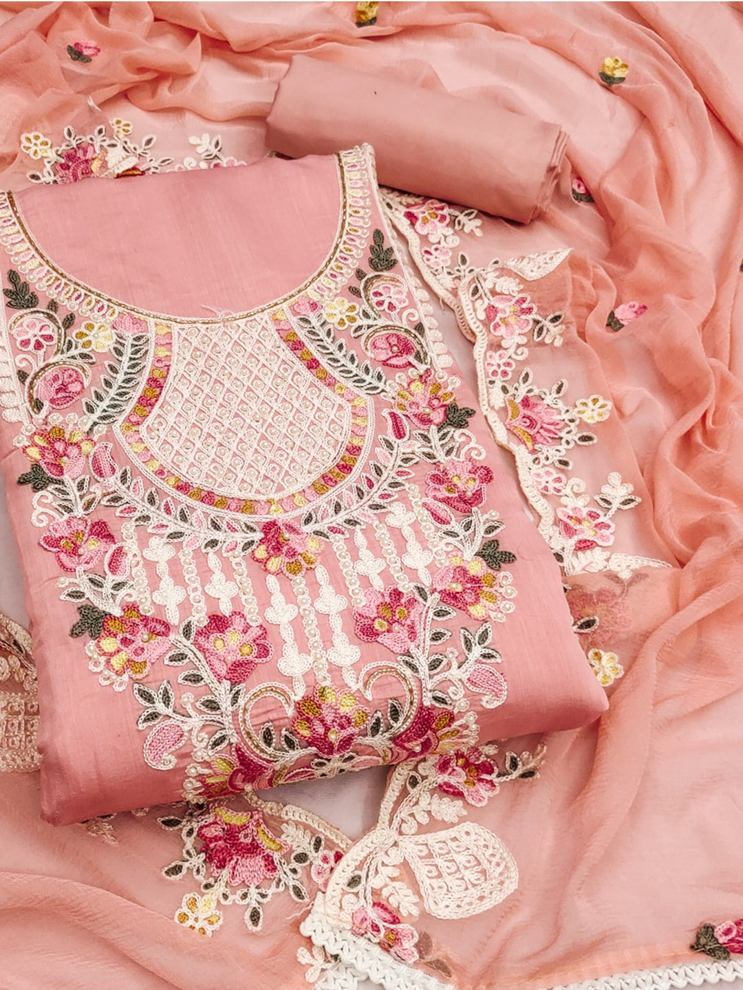 Peachmode Cotton Silk Peach Unstitched Dress Material - Image 1