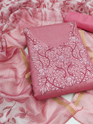 Peachmode Pink Floral Kota Doria Dress Material - Image 1