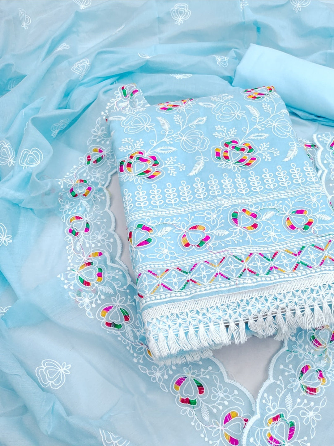 Peachmode Sky Blue Chanderi Thread Work Dress Material - Image 1