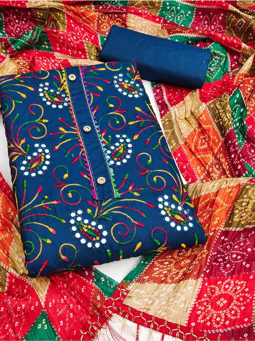 Peachmode Teal Blue Floral Embroidered Cotton Blend Dress Material - Image 1