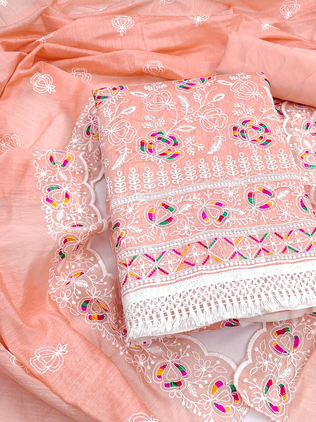 Peachmode Peach Chanderi Thread Work Dress Material - Image 1