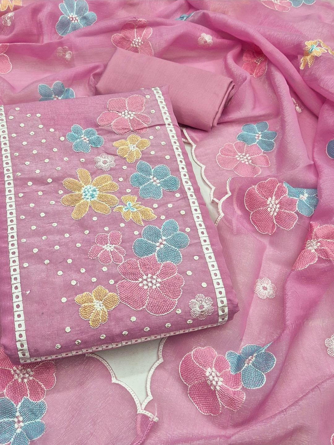 Peachmode Pink Crunchy Dress Material with Floral Embroidery - Image 1