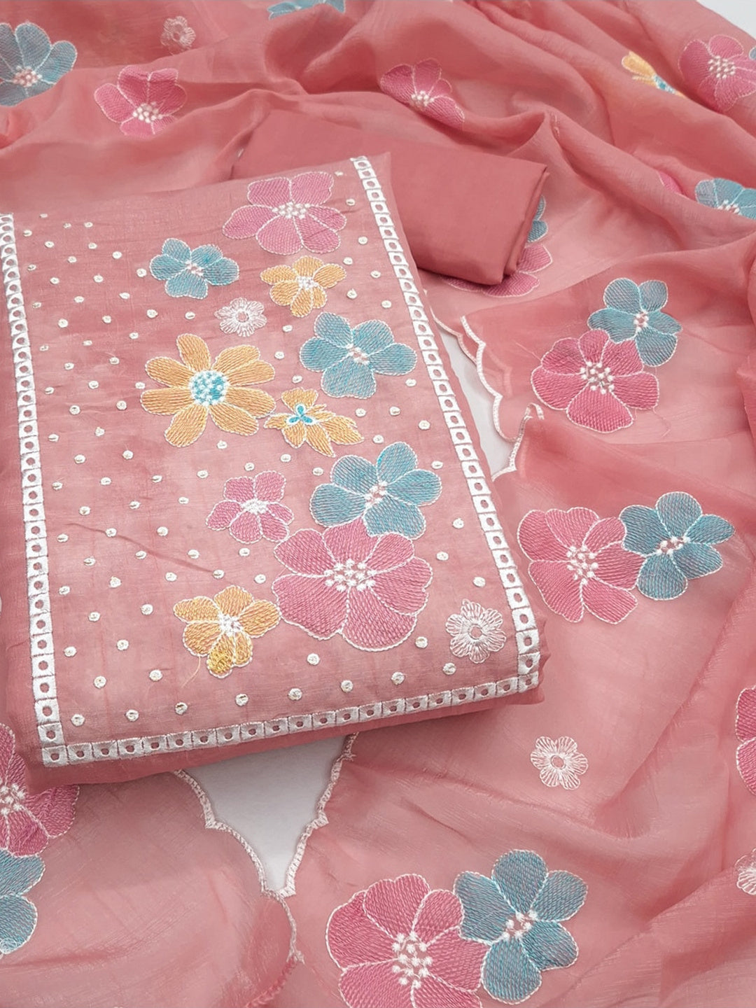 Peachmode Peach Crunchy Dress Material with Floral Embroidery - Image 1