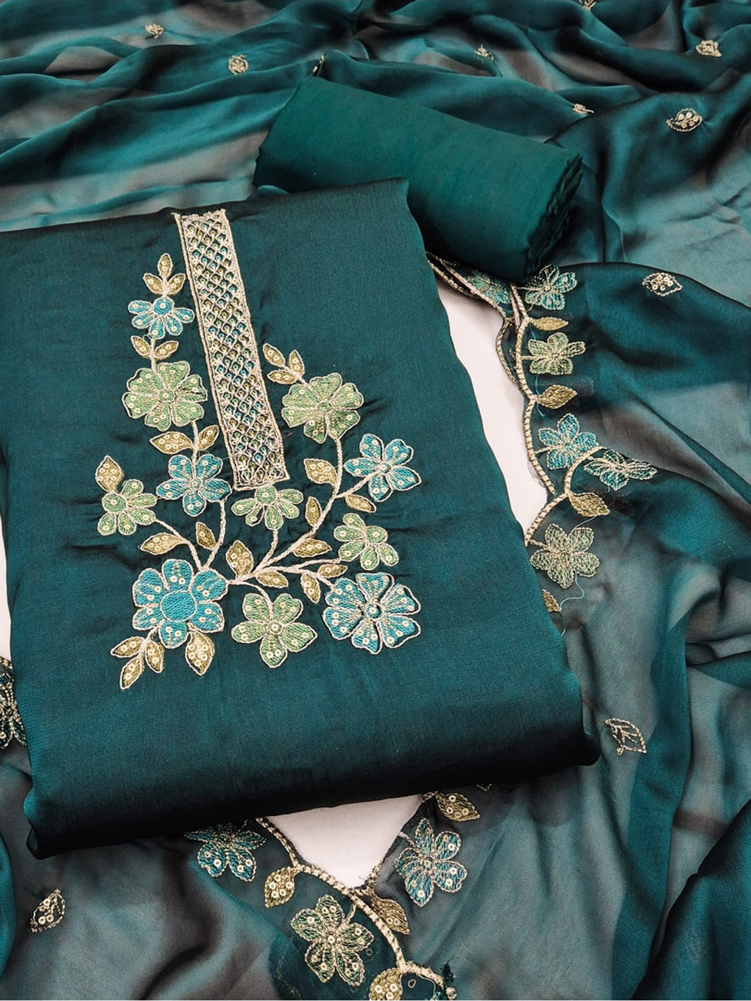 Peachmode Teal Satin Dress Material with Floral Embroidery - Image 1