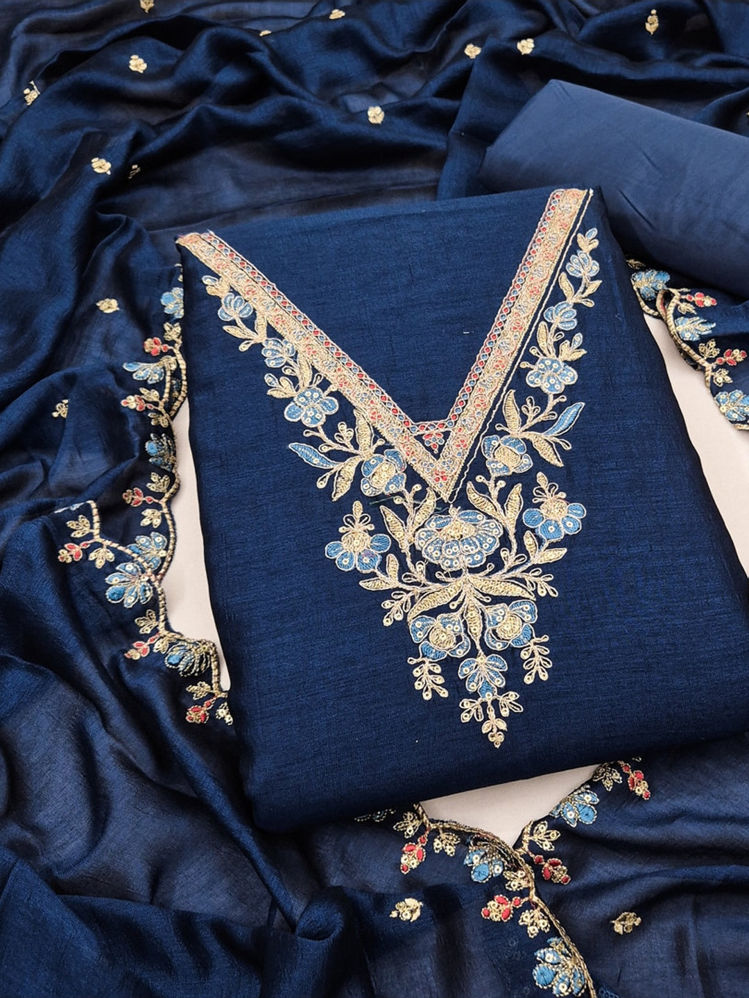 Peachmode Blue Vichitra Silk Dress Material with Floral Embroidery - Image 1