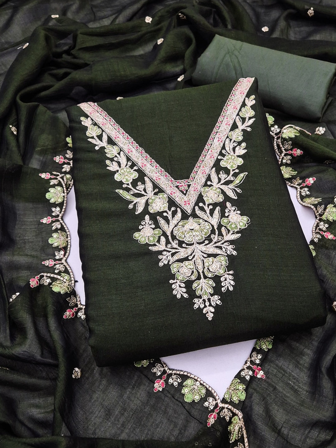 Peachmode Green Vichitra Silk Dress Material with Floral Embroidery - Image 1