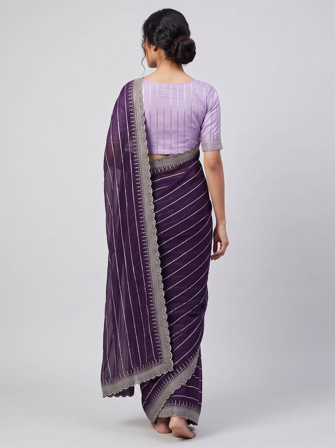 Purple Sequins Embroidered Chiffon Saree - Image 3