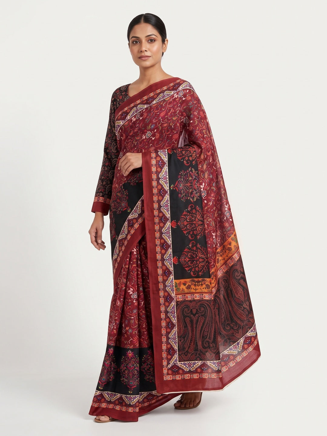 Maroon Floral Digital Printed Pashmina Saree - Image 5
