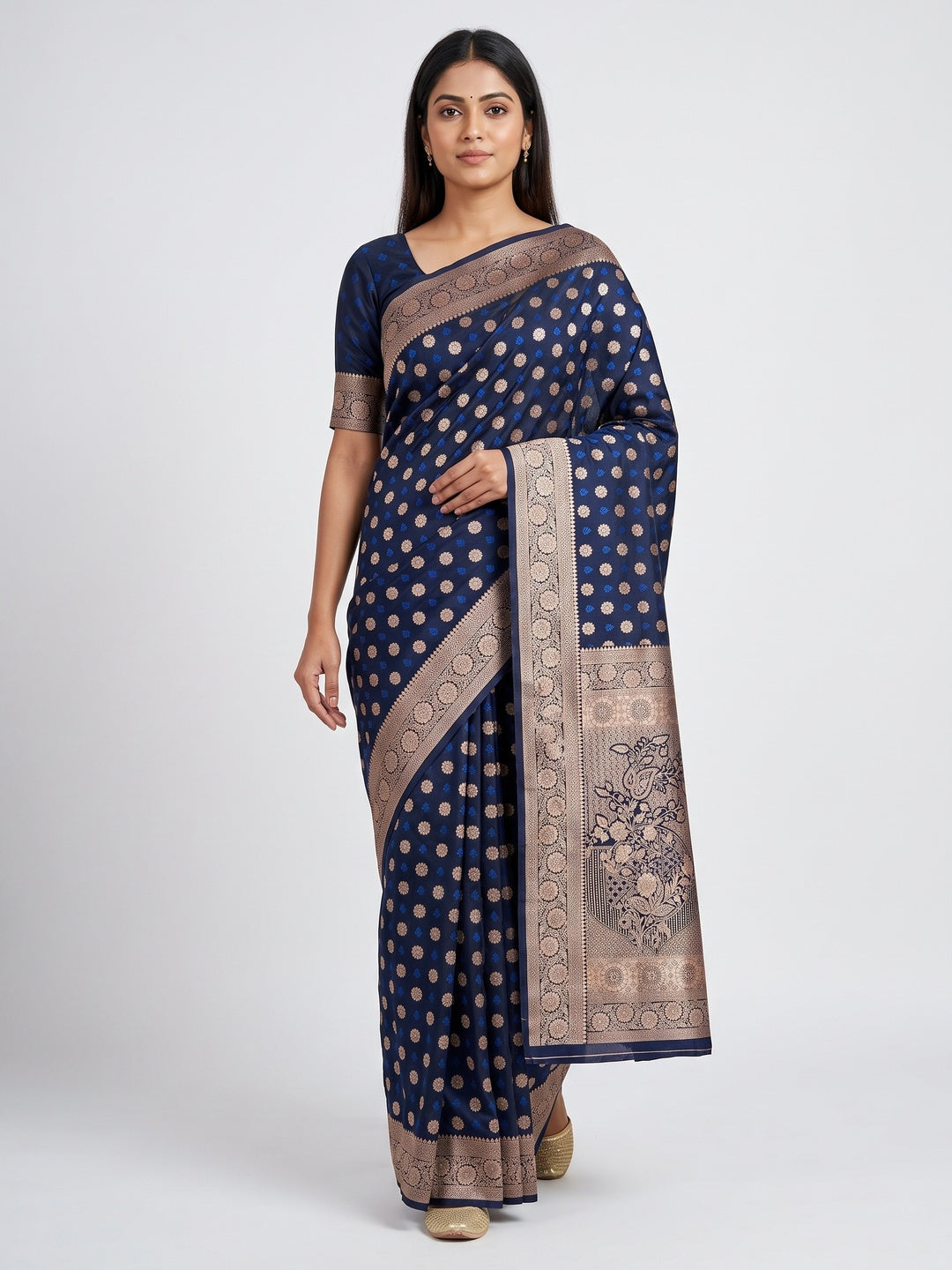 Navy Blue Classic Floral Zari Weaving Satin Silk Saree With Sophisticated Drape - Image 6