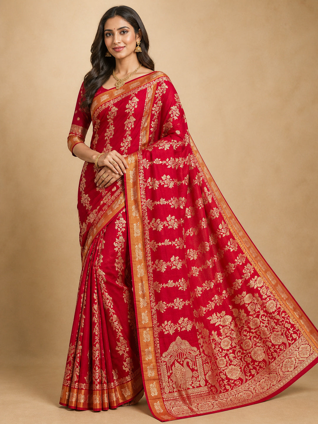 Peachmode Red Khadi Tissue Paithani Silk Saree - Image 1