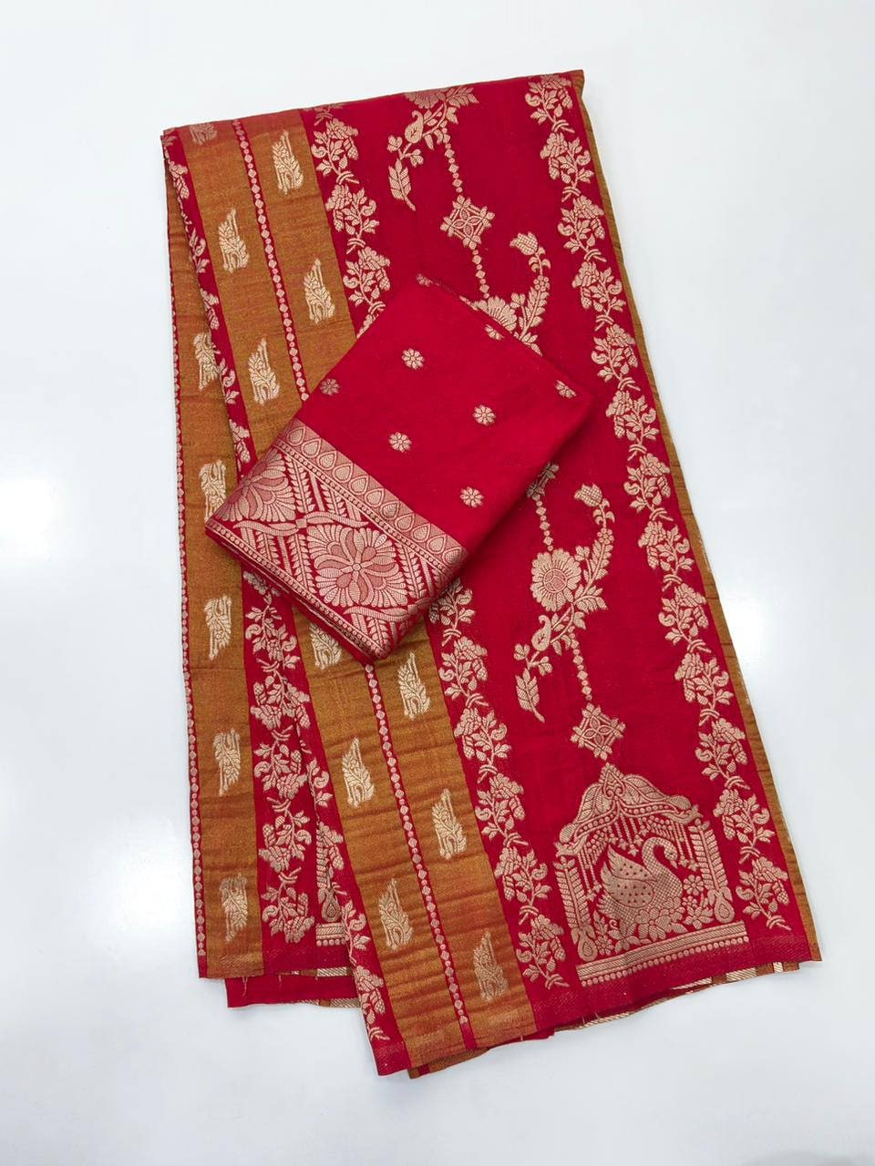Peachmode Red Khadi Tissue Paithani Silk Saree - Image 2