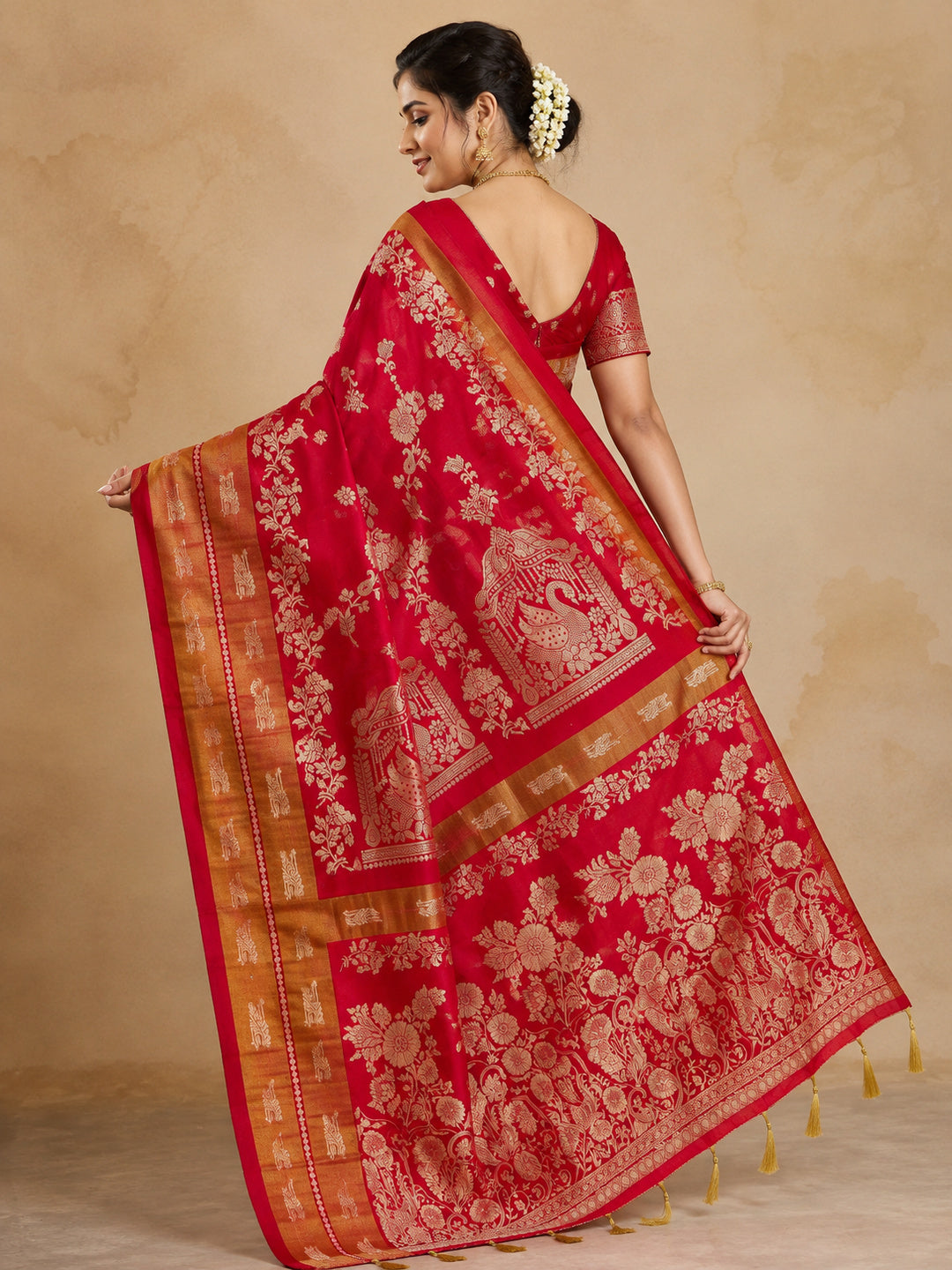 Peachmode Red Khadi Tissue Paithani Silk Saree - Image 4