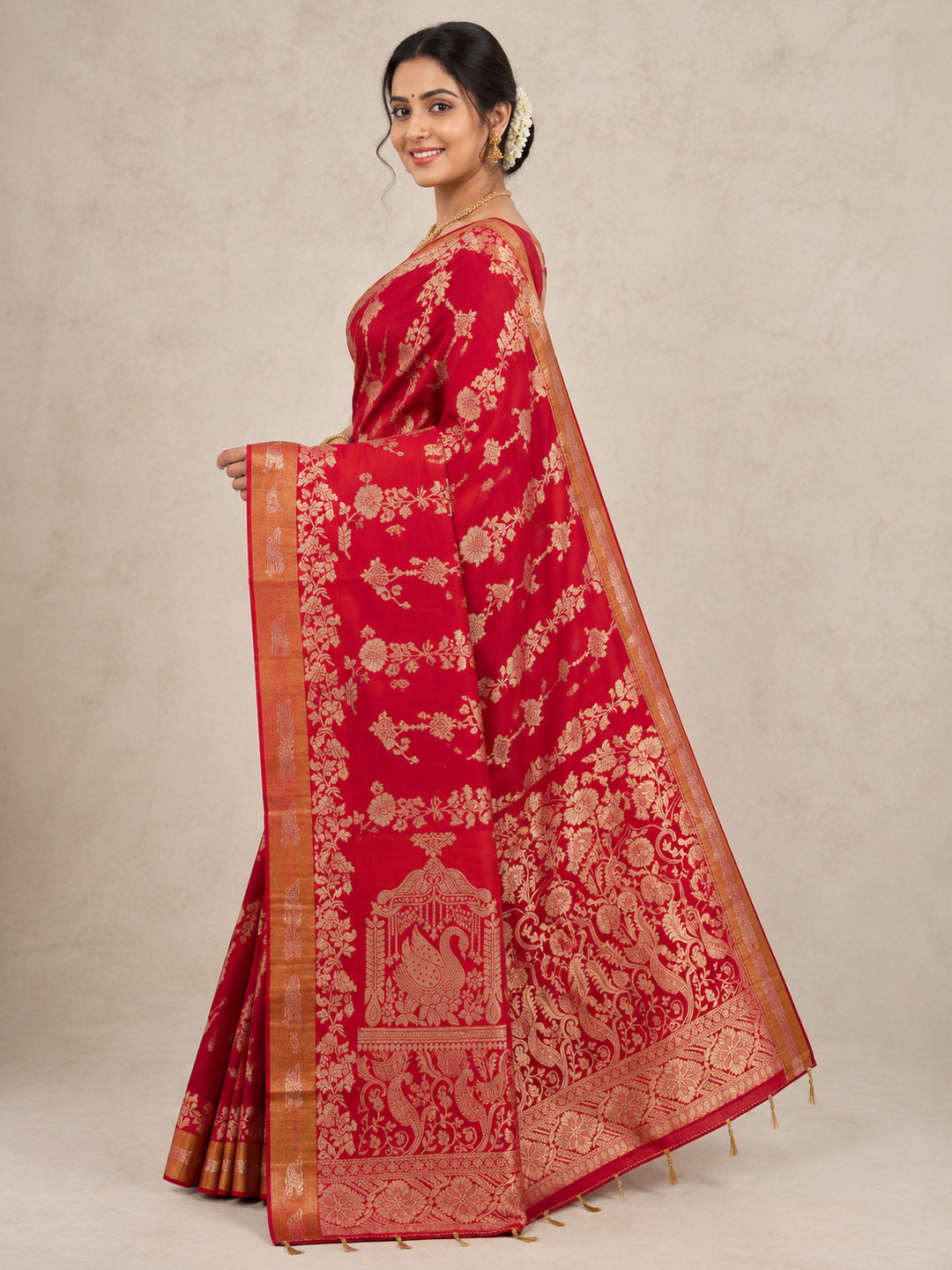 Peachmode Red Khadi Tissue Paithani Silk Saree - Image 5