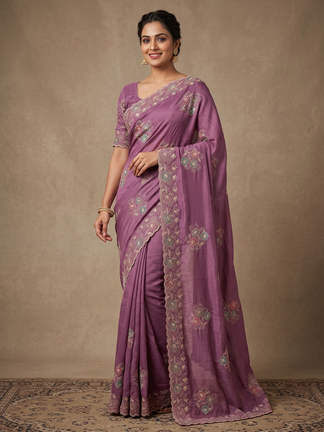 Peachmode Mauve Georgette Kanak Vol 1 Embroidered Saree - Image 1