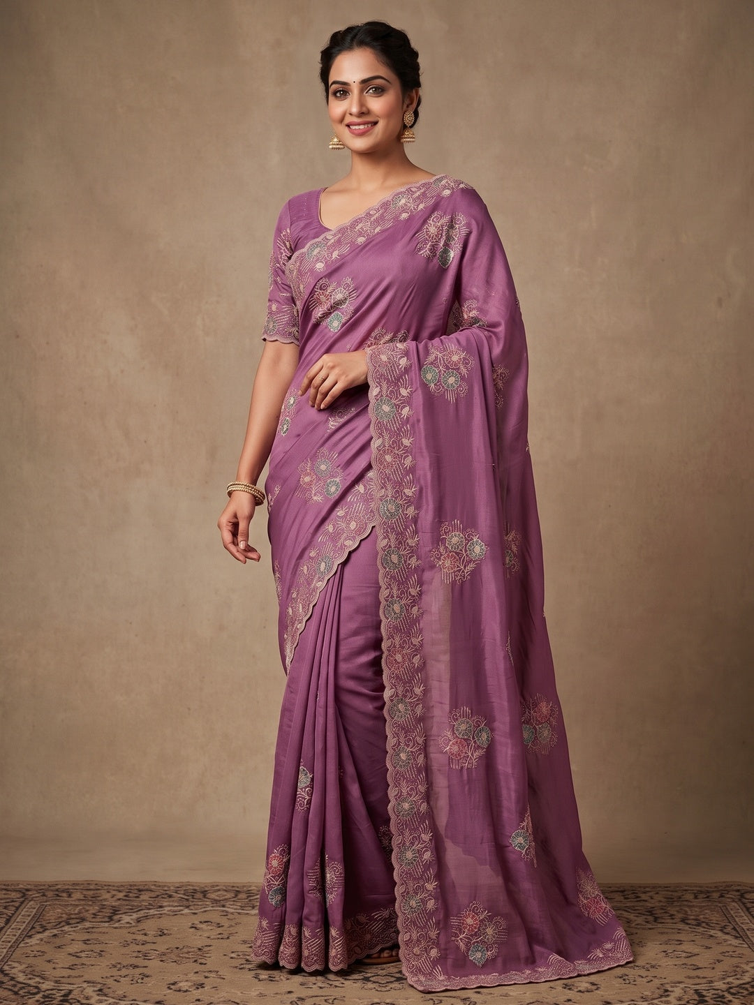 Peachmode Mauve Georgette Kanak Vol 1 Embroidered Saree - Image 4